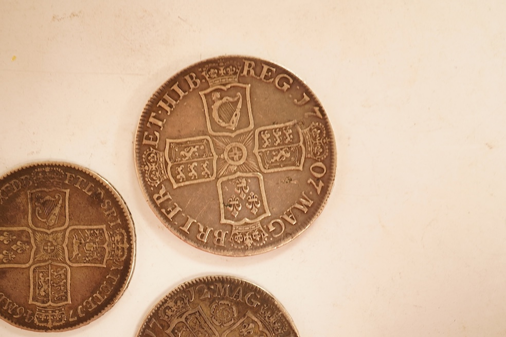 British silver coins, Anne (1702-1714), crown, 1707E, fine or better, halfcrown, 1712, fine or better, George II (1727-1760) halfcrown, 1746 Lima, near VF